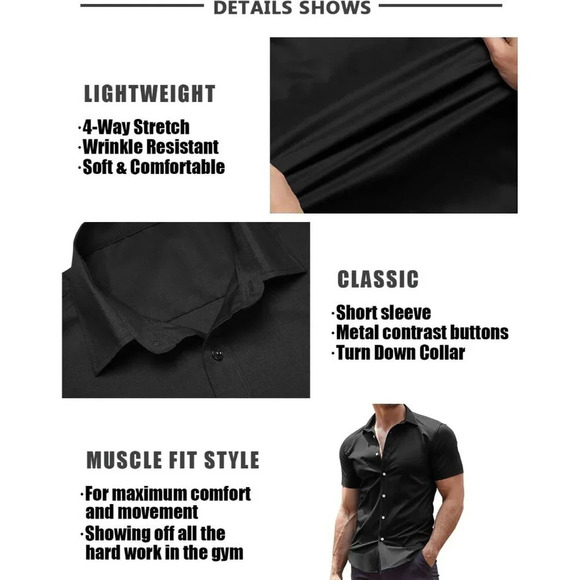 ❤️Men's Black Dress Shirts  Wrinkle-Free Short Sleeve Casual Button Down Shirt - Picture 5 of 7